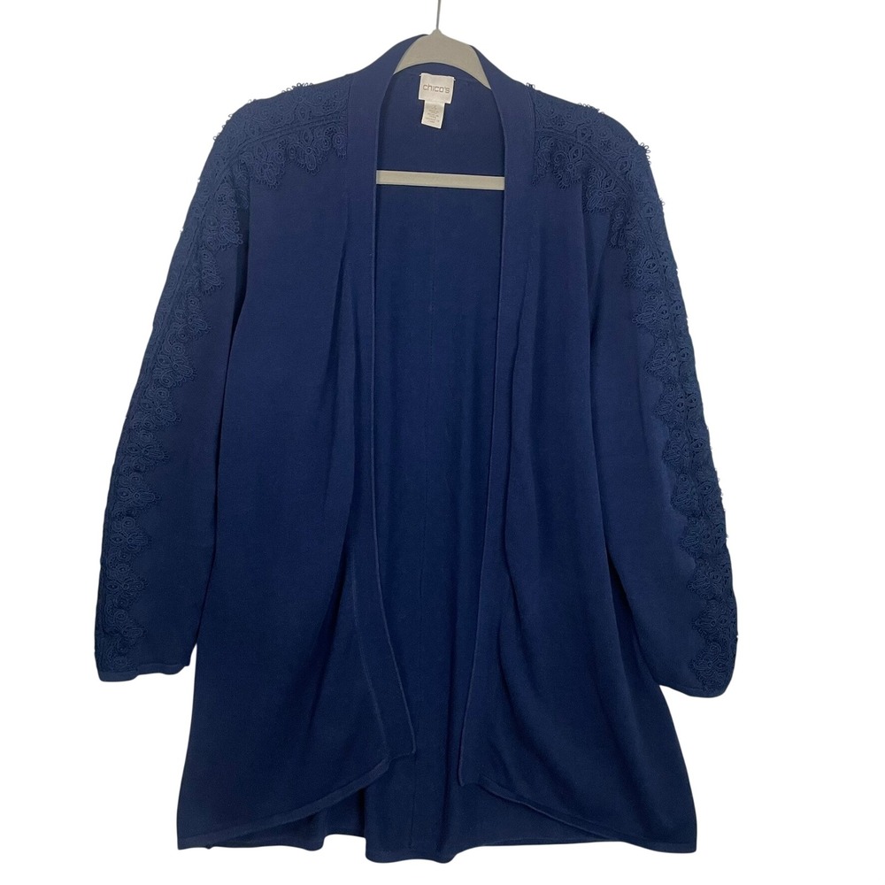 Chicos Navy Blue Open Front Cardigan Lace Crochet Detail Size 3 XL